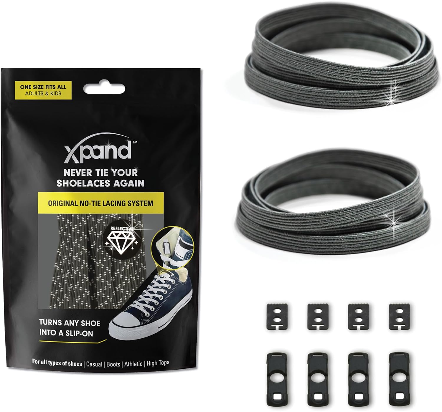 Product image of Xpand No Tie Elastic Shoelaces with Hidden Lace Locks. High-Vis Reflective One Size Fits All for Sports and Training