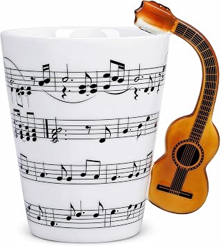 Acoustic Guitar Mug 13.5oz Music Coffee Cup for Guitar Players | 3D acoustic guitar handle, music staff design, sturdy ceramic, fun gift