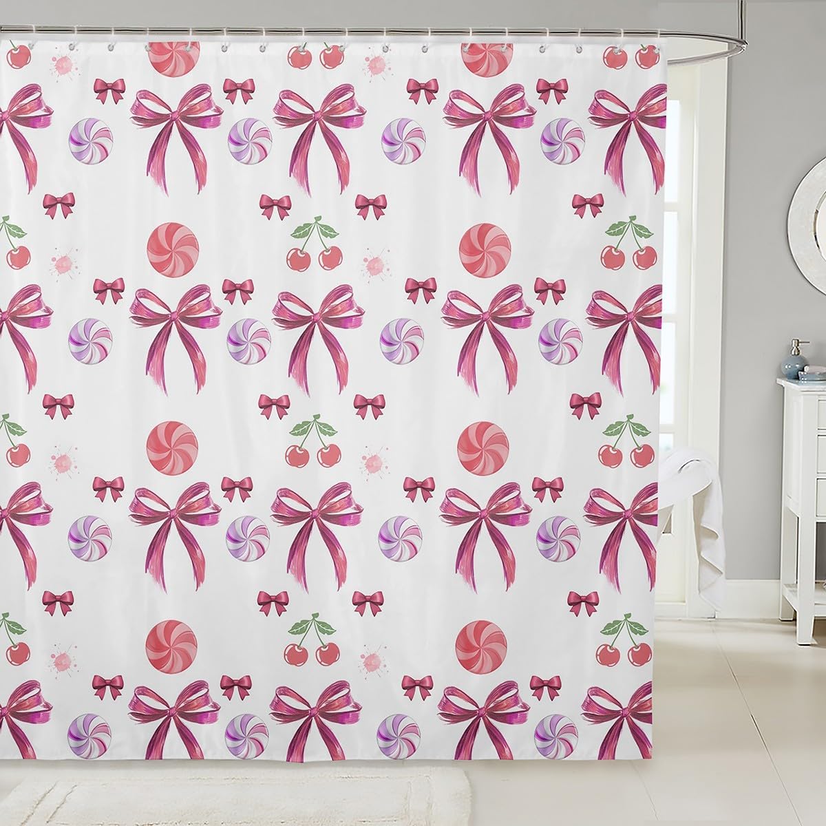 Manfei Fashion Girls Shower Curtains Cute Bow Cherry Lips Bathroom Curtains, Cartoon Bowknot Waterproof Bath Curtains with 12 Hooks Suits for Bathtub, Kids Girls Room Decor, 72" W x 84" L