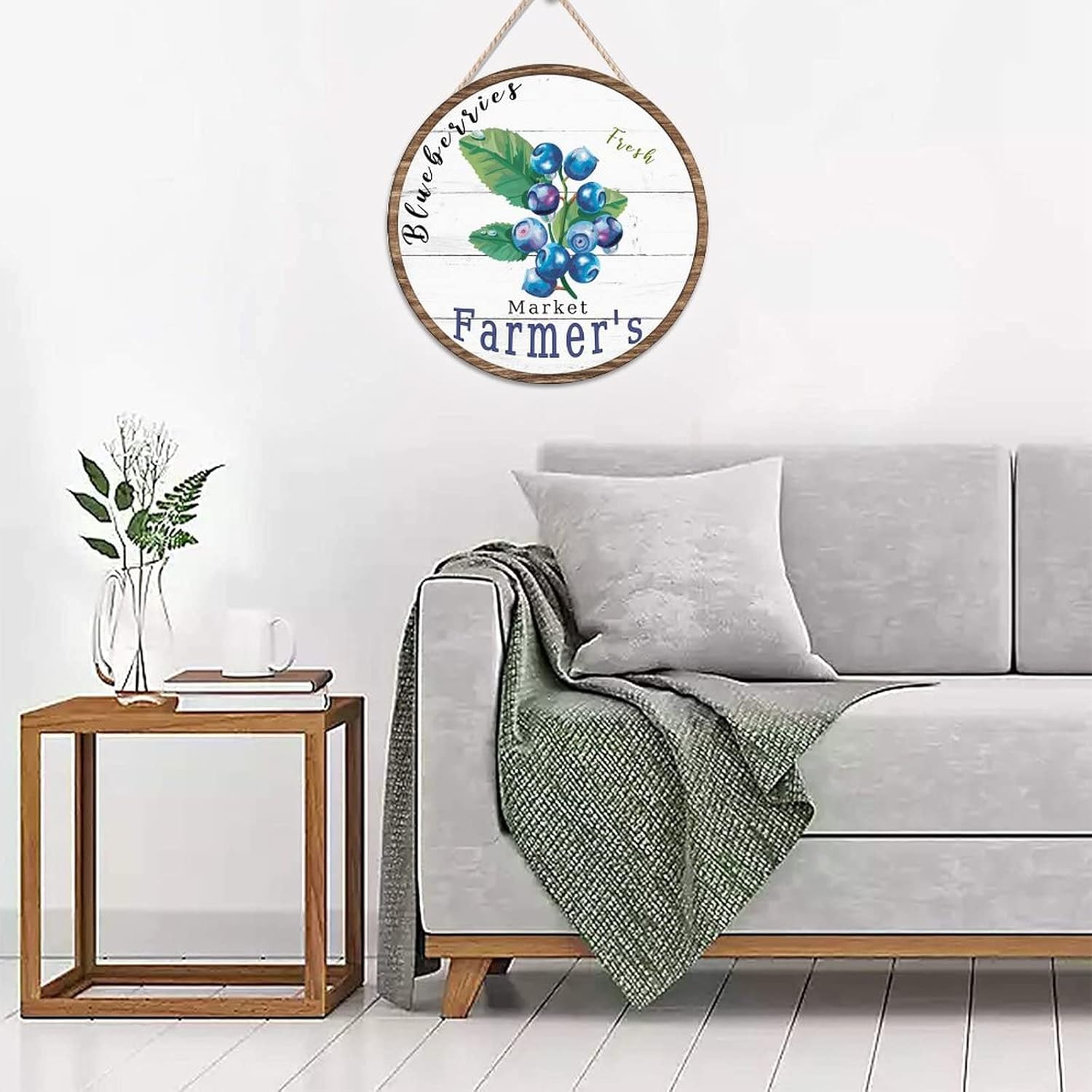 Fruit Wall Hanging Sign Plaque, Vintage Fruit Blueberry Wood Door Sign, Market Farmers 16x16in Round Door Hanger Sign Decor for Outdoor Front Porch Front Door Housewarming Gifts