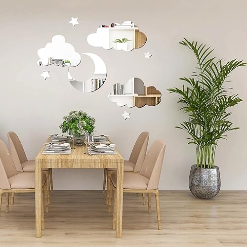 Miniatura 4 de Adhesivo de espejo de pared 3D DIY para decoración de pared, calcomanías de pared de espejo, luna, estrellas y nubes, calcomanías de pared acrílicas