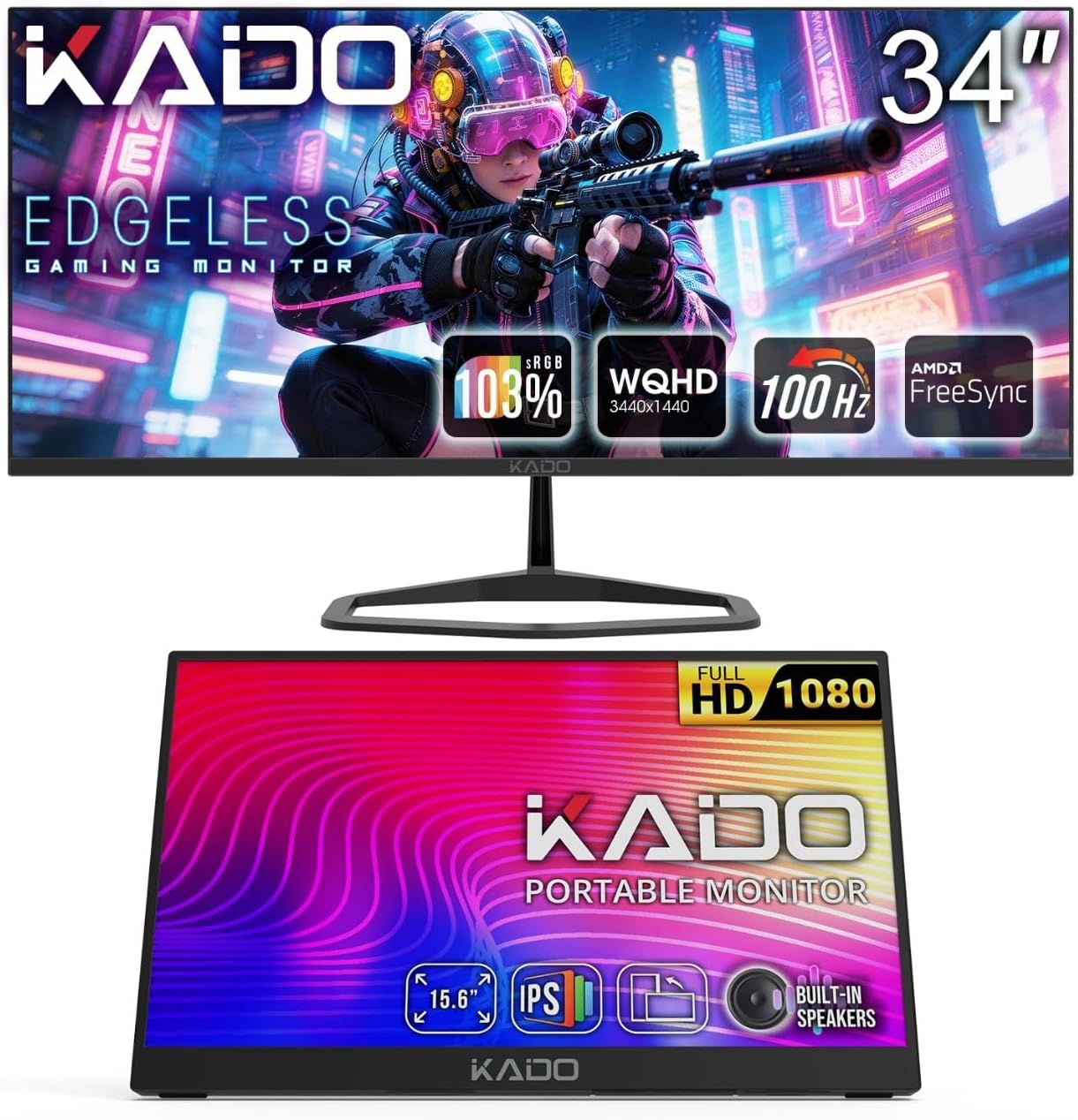 Kado Ultrawide 34" Portable 15.6" Setup - 34" 100Hz 21:9 3440x1440 Computer Monitor, 15.6" 1920x1080 IPS Portable Monitor, Gaming Office 103% sRGB AMD FreeSync Premium, VESA Mount Built-in Speakers