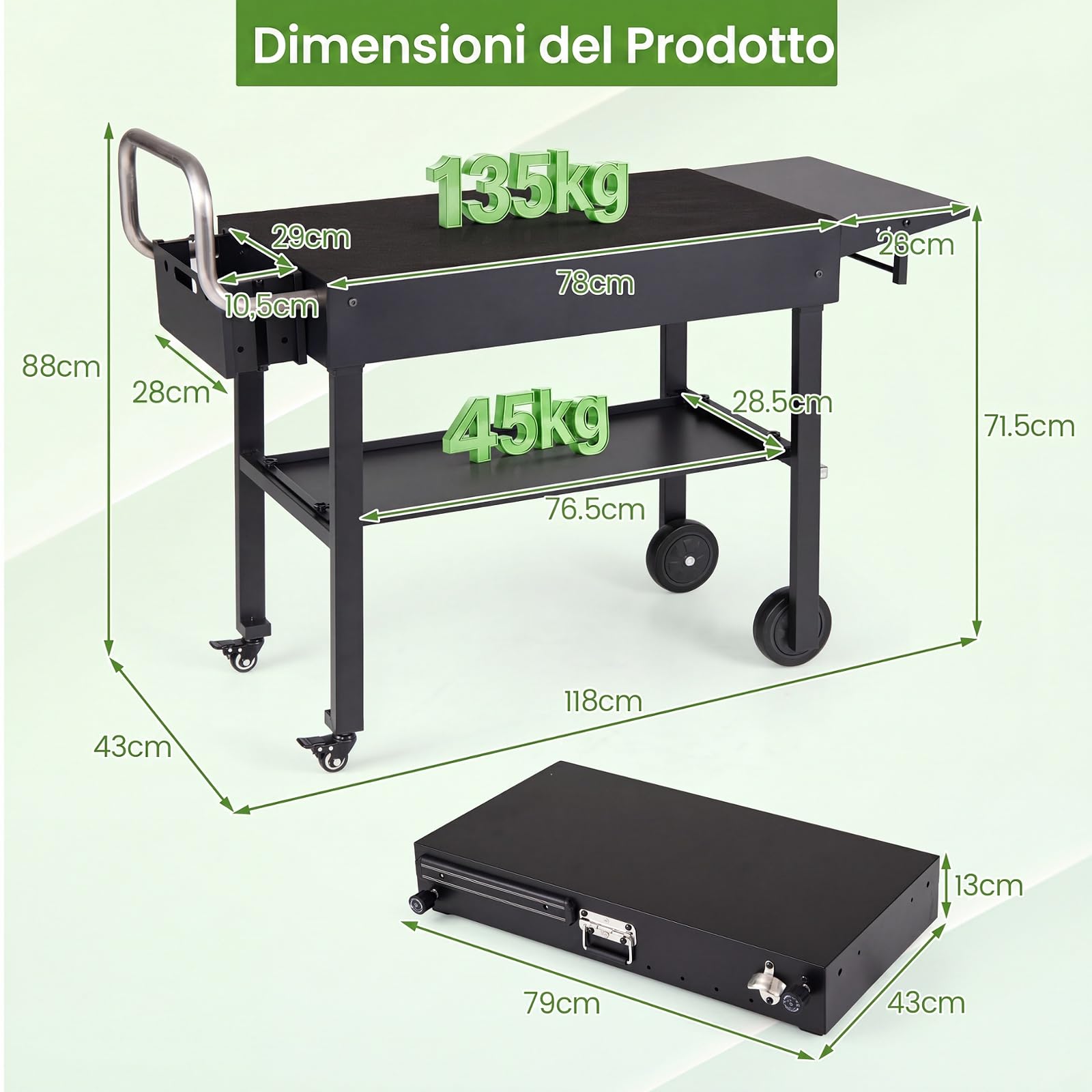COSTWAY Carrello per Barbecue con 4 Ruote, per Festa e Campeggio | Carrello per Grill da Esterno con Portaspezie Apribottiglie Portautensili Magnetico e Ganci, Isola da Cucina, 118x43x88 cm