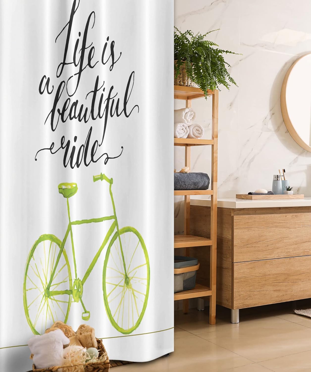 Ambesonne Bicycle Stall Shower Curtain, Life is a Bike Ride Words Print Pastel Color Unique Ride Graphic, Fabric Bathroom Decor Set with Hooks, 36" W x 72" L, Green Black
