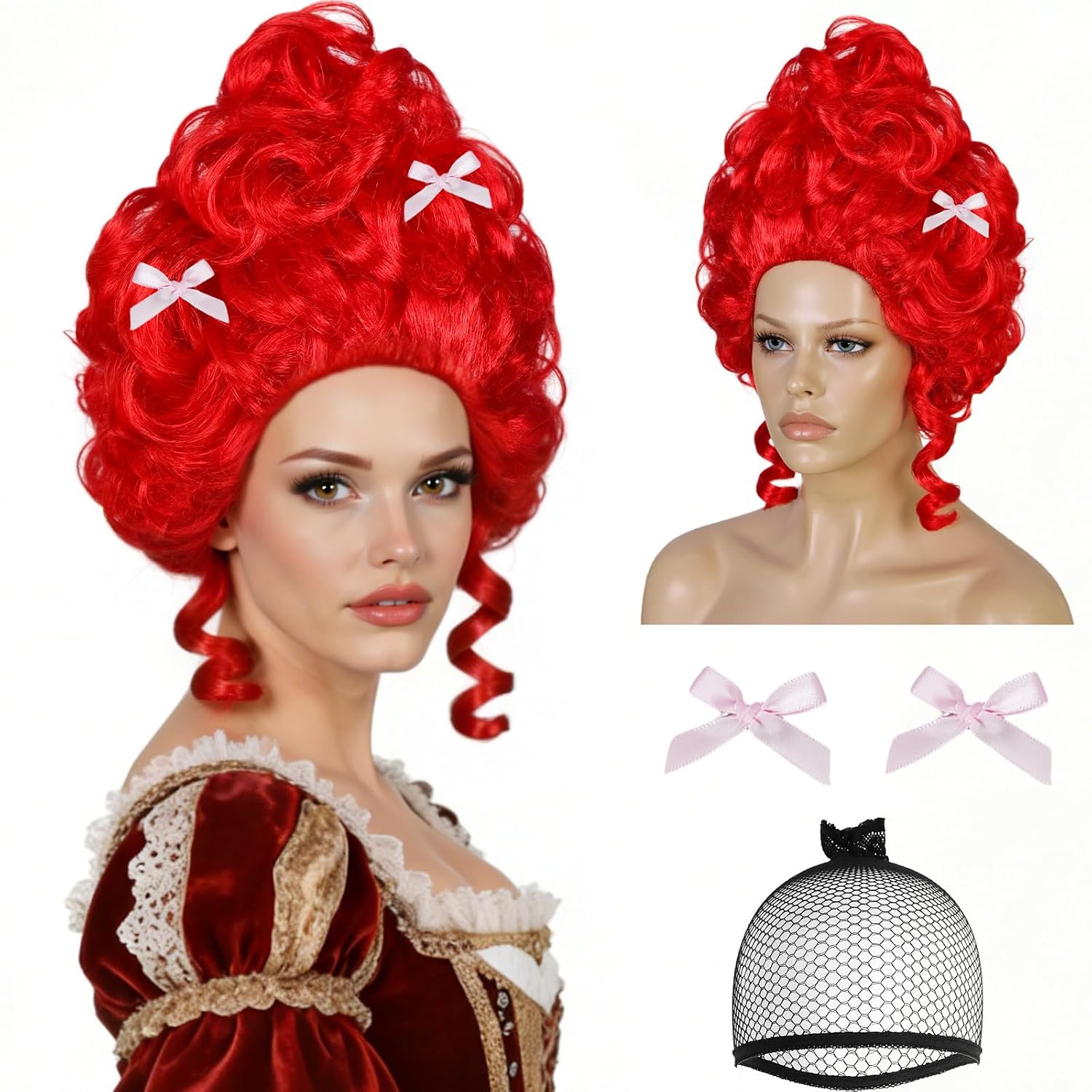 Platinum Blonde with 2 Bow Clips Colonial Victorian Wigs for Women Fluffy Baroque Renaissance Vintage Wig Rococo Wig Costume Outfit for Halloween Cosplay Party + Hair Cap