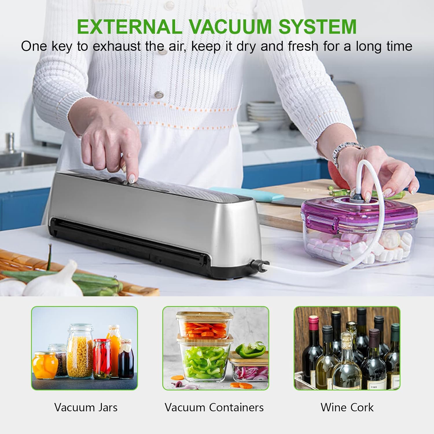 Vacuum Sealer Machine-New Upgraded One-Touch Full Automatic Foodsaver Vacuum Sealer with LED Touch Screen Indicator Lights,Air Sealing System for Food Storage Dry/Moist Modes with 15 Seal Bags and 1 Air Suction Hose.
