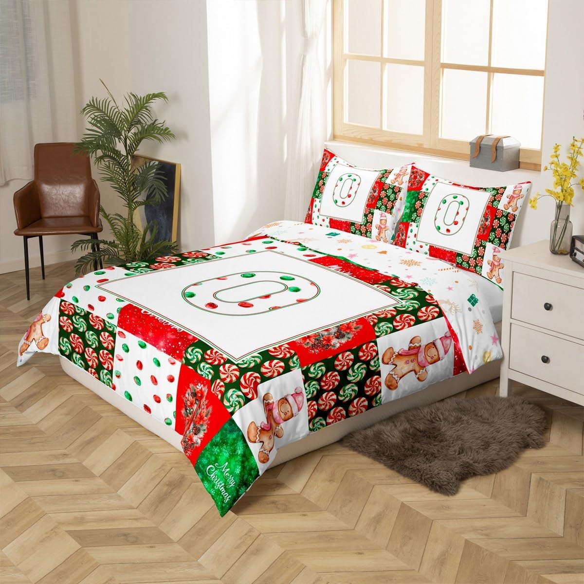 Initial Letter O Print Duvet Cover Set Toddler Size,Christmas Candy Wreath Grid Reversible Quilt Cover for Kids Boys Girls Cute Cookie Dots Watercolor Bedding Set with 1 Pillowcase,No Comforter