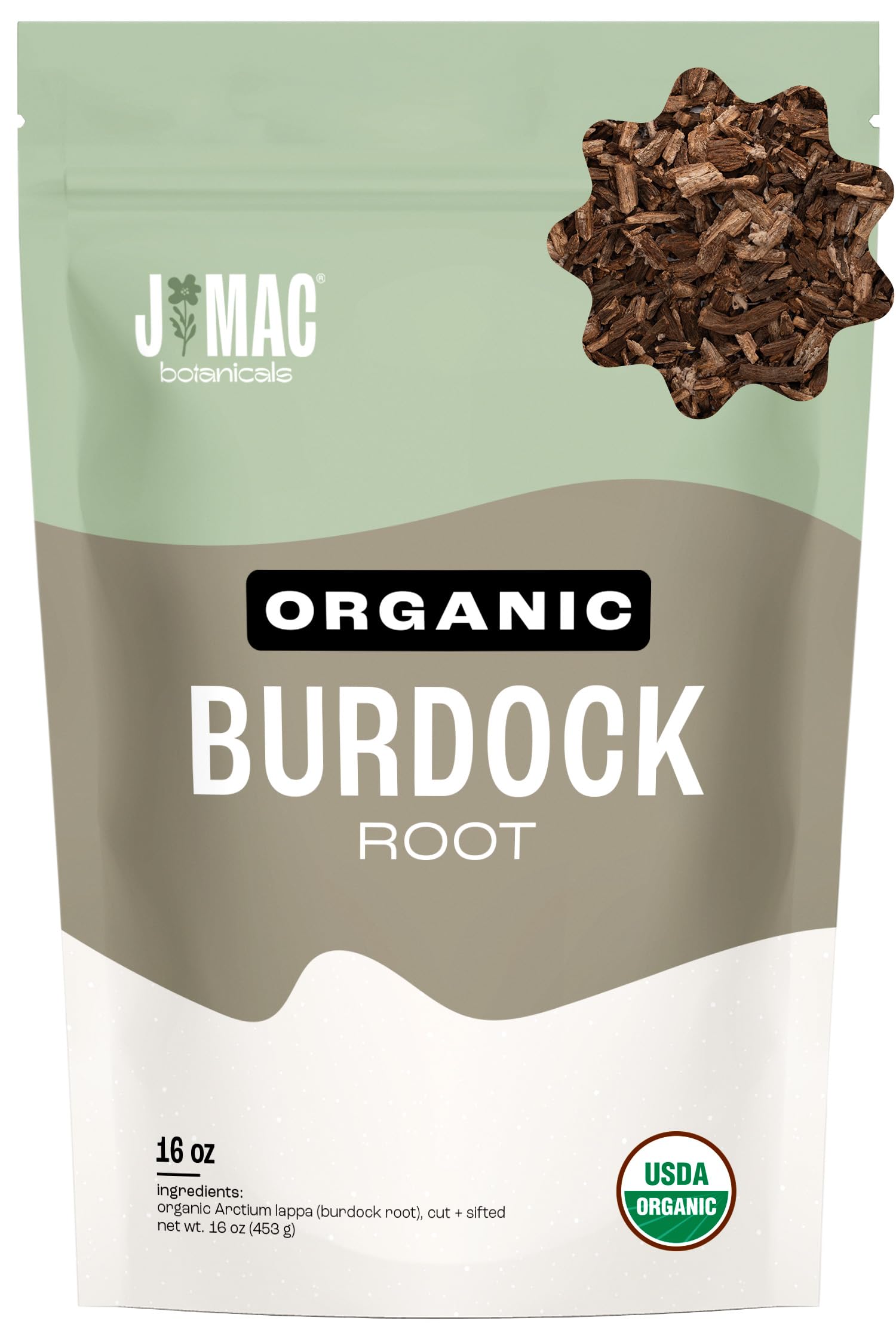J Mac Botanicals, Organic Burdock Root Tea (16 oz), Certified USDA Organic Burdock Root herb, fresh dried herb from Eastern Europe