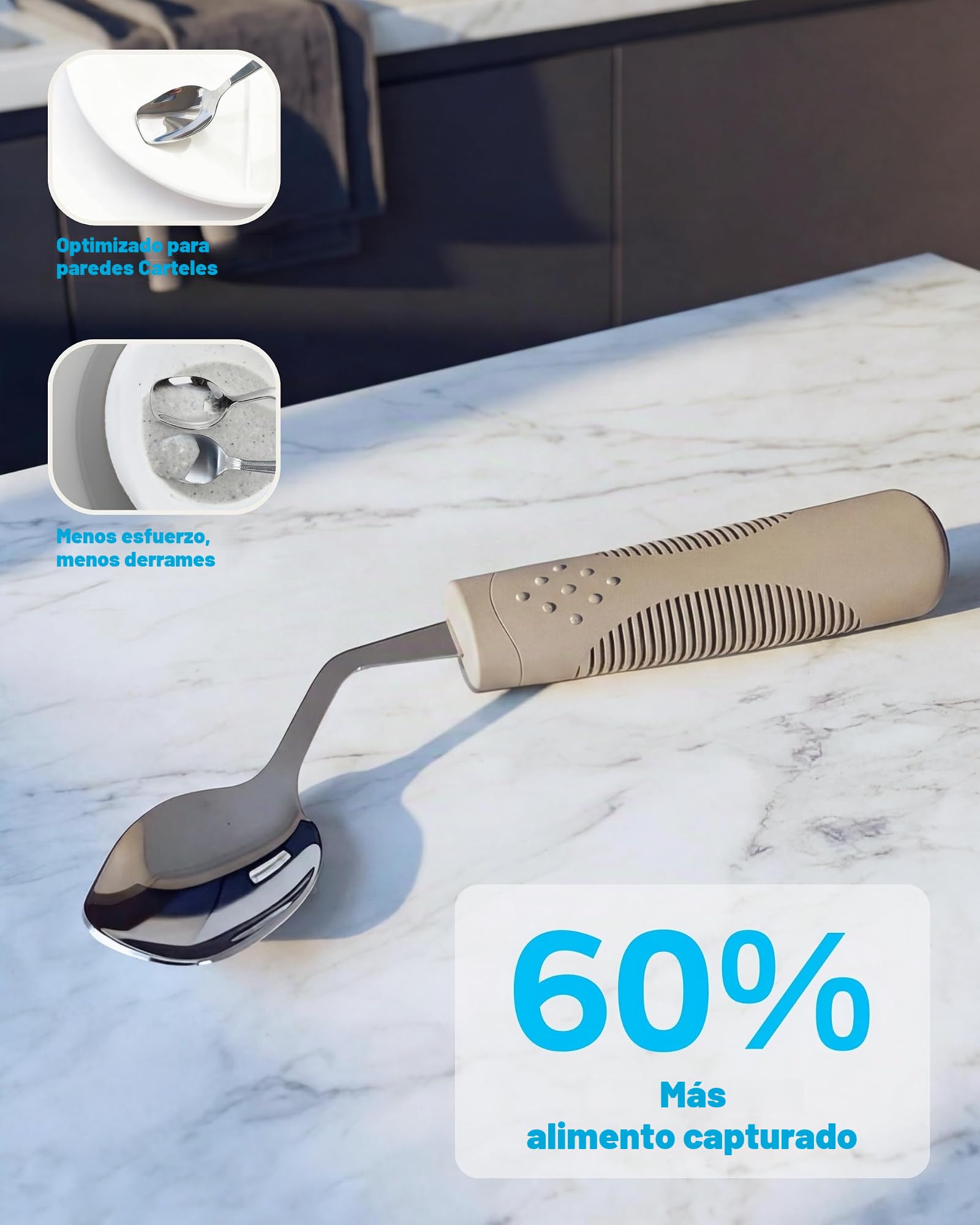 Cubiertos Adaptados con Peso – Cubertería para Temblor de Manos y Párkinson, Cuchillo Basculante a 42°y Cuchara Profunda, 142 g (Gris, para Diestros)
