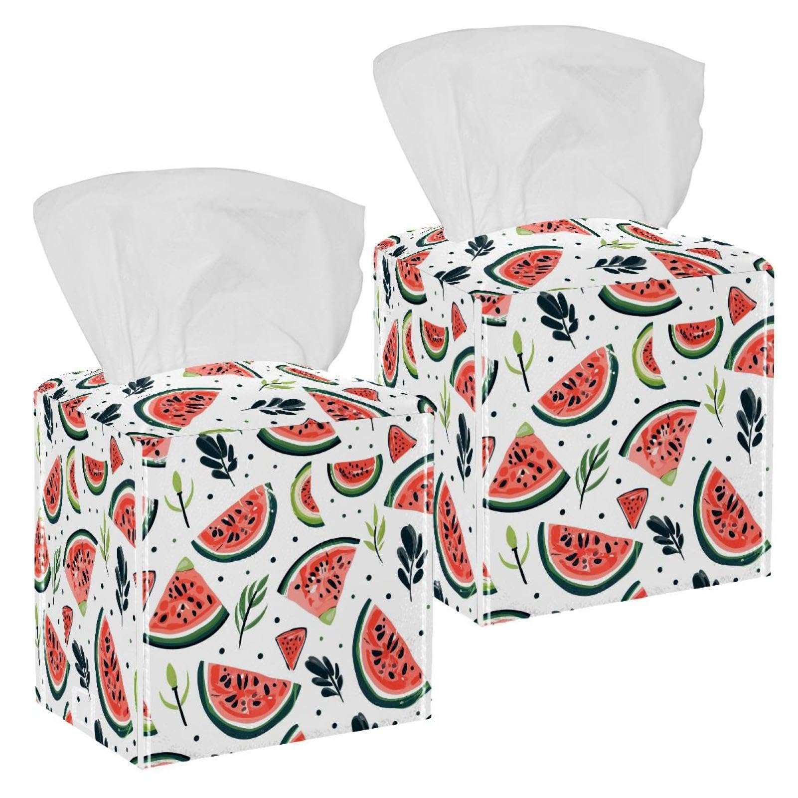 Fun Slices of Watermelon Tissue Box Cover, 2 Pack PU Leather Square Facial Tissue Dispenser Box holder for Home Office Car