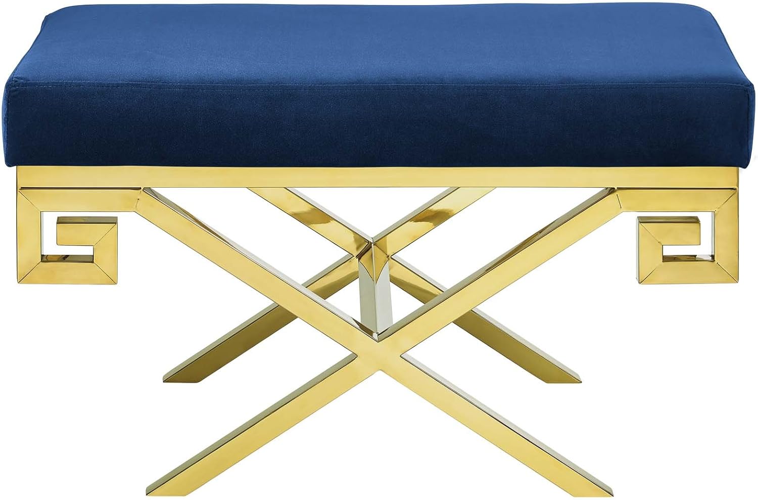 Modway Rove Greek Key X-Base Entryway Modern Bench With Velvet Upholstery in Gold Navy