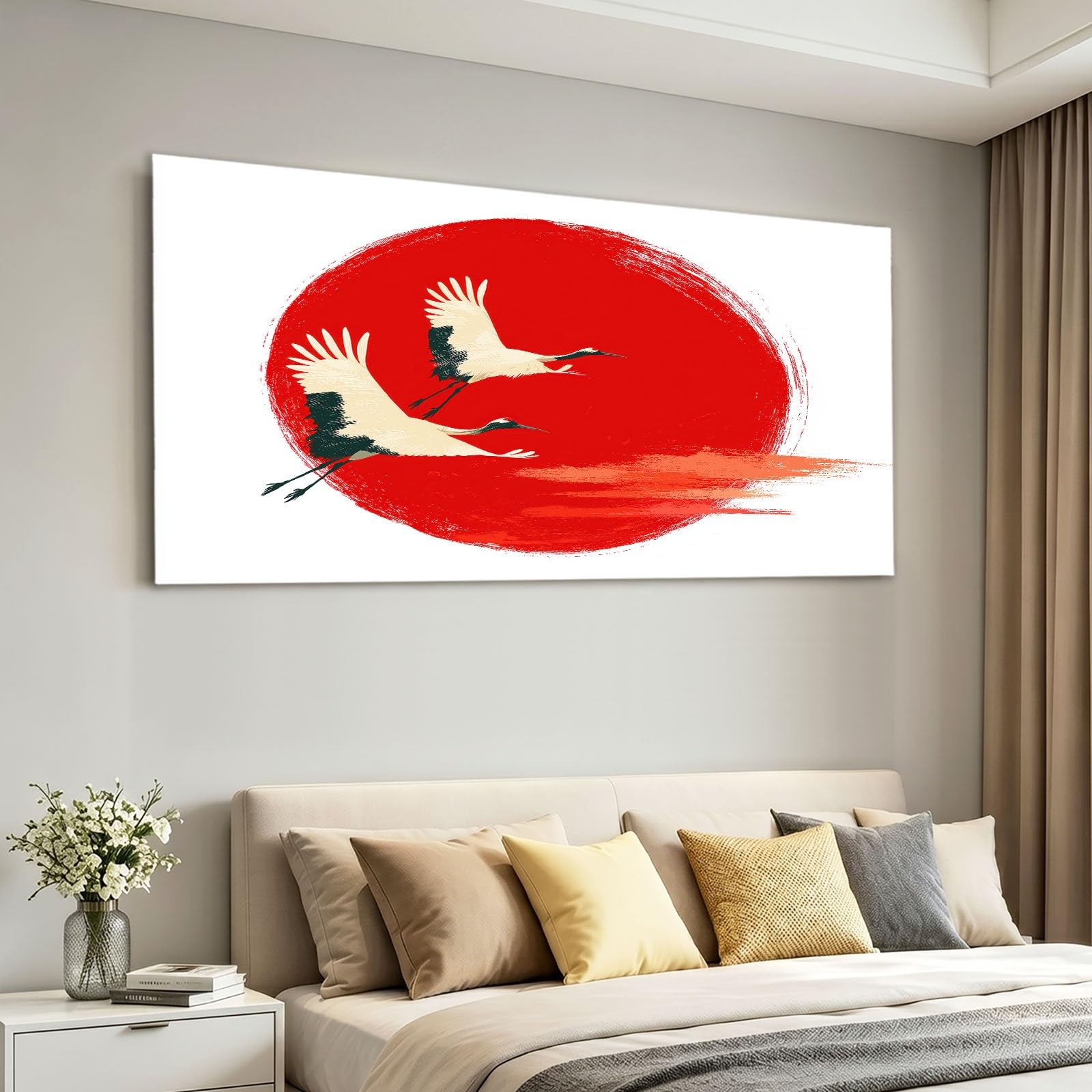 Lienzo decorativo para pared, 70 x 50 cm, diseño de animales blancos, pájaro rojo, sol, para salón, dormitorio y comedor