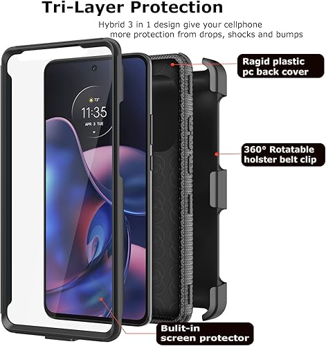 Miniatura 2 de Takfox Funda para Moto Edge 2022, para Motorola Edge 2022, con clip para cinturón, protector de pantalla integrado, soporte de soporte, resistente,