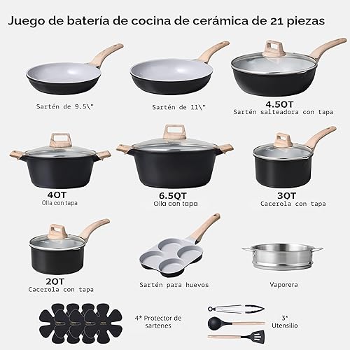 Miniatura 2 de CAROTE Juego de 21 ollas y sartenes antiadherentes, juego de utensilios de cocina de inducción color negro con sartenes y cacerolas