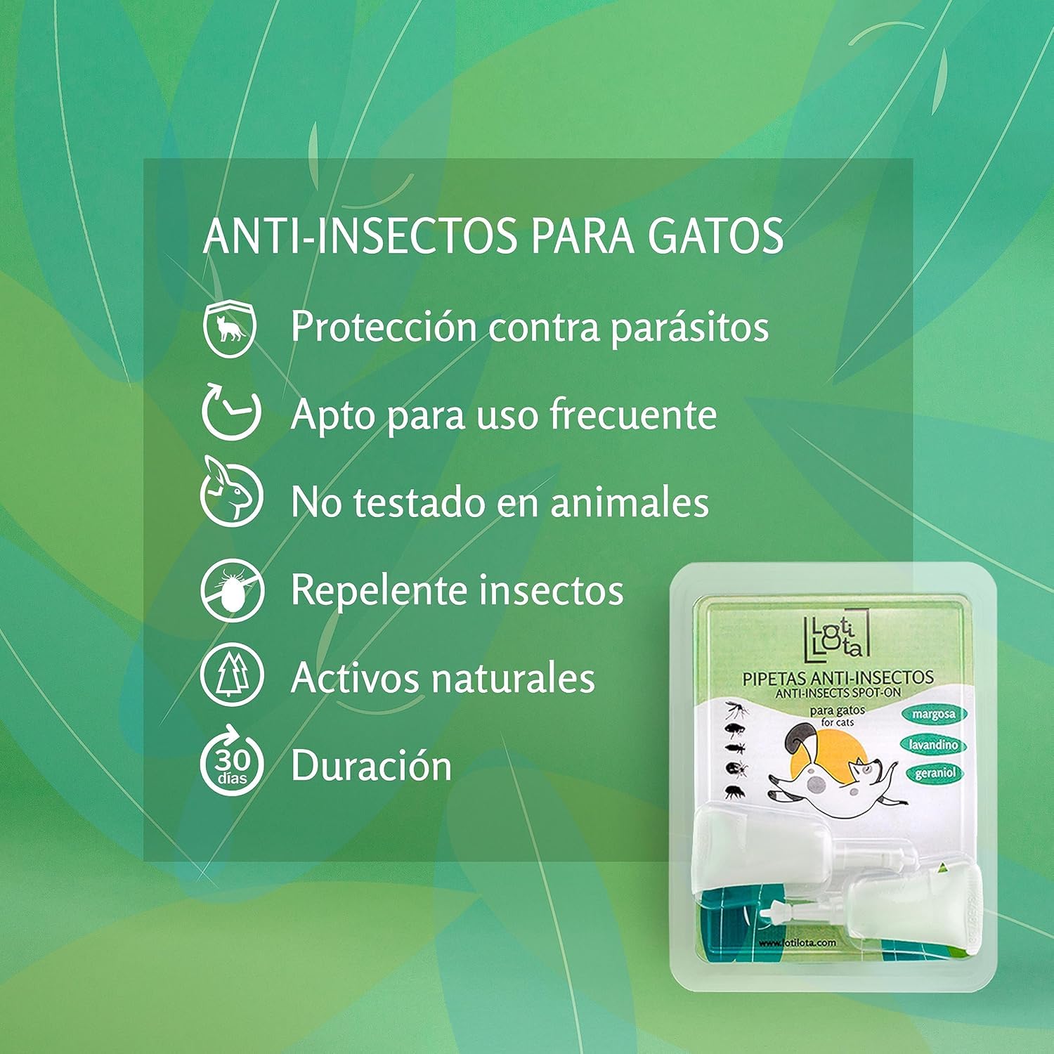 Pipetas Anti-Insectos para Gatos - Pack 2 Blister (4 Pipetas Total) - Activos 100% Naturales - Contienen Margosa, Geraniol, Lavandino - Ingredientes Naturales - Pulgas, Garrapatas e Insectos