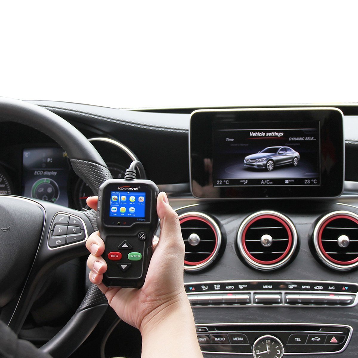 Skaner OBD2, uniwersalny skaner diagnostyczny OBD II CAN do odczytu błędów silnika samochodowego-skanowanie narzędzie do sprawdzania oświetlenia silnika KW680 z czujnikiem O2 i testem monitora pokładowego (czarny)