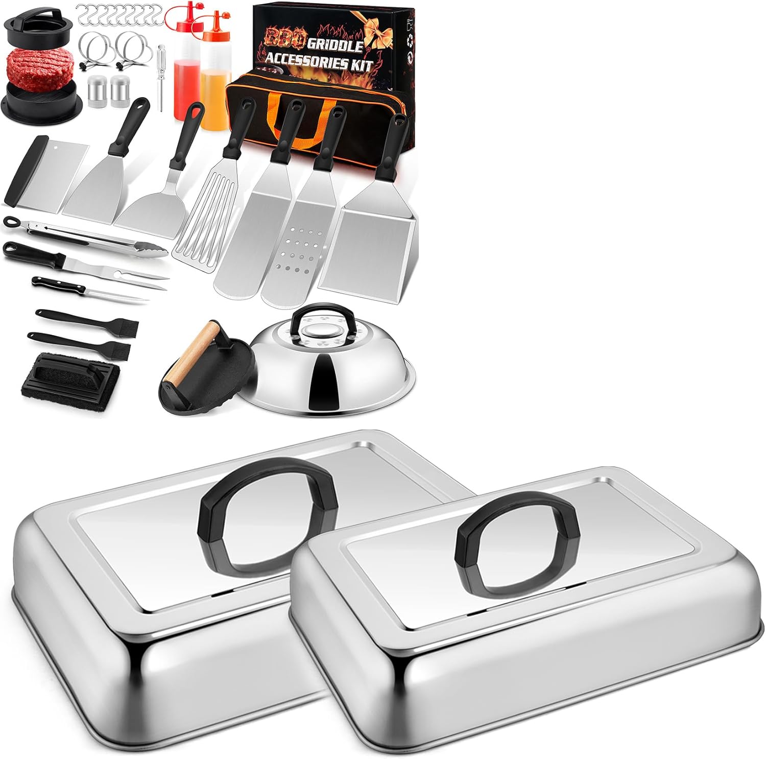 Jayfair 2Pcs Basting Cover Melting Dome with 35Pcs Griddle Accessories Kit, 13 x 9.8" Cheese Melt Lid & Stainless Steel Griddles Spatula Smash Burger Press Basting Cover Hamburger Patty Maker for BBQ