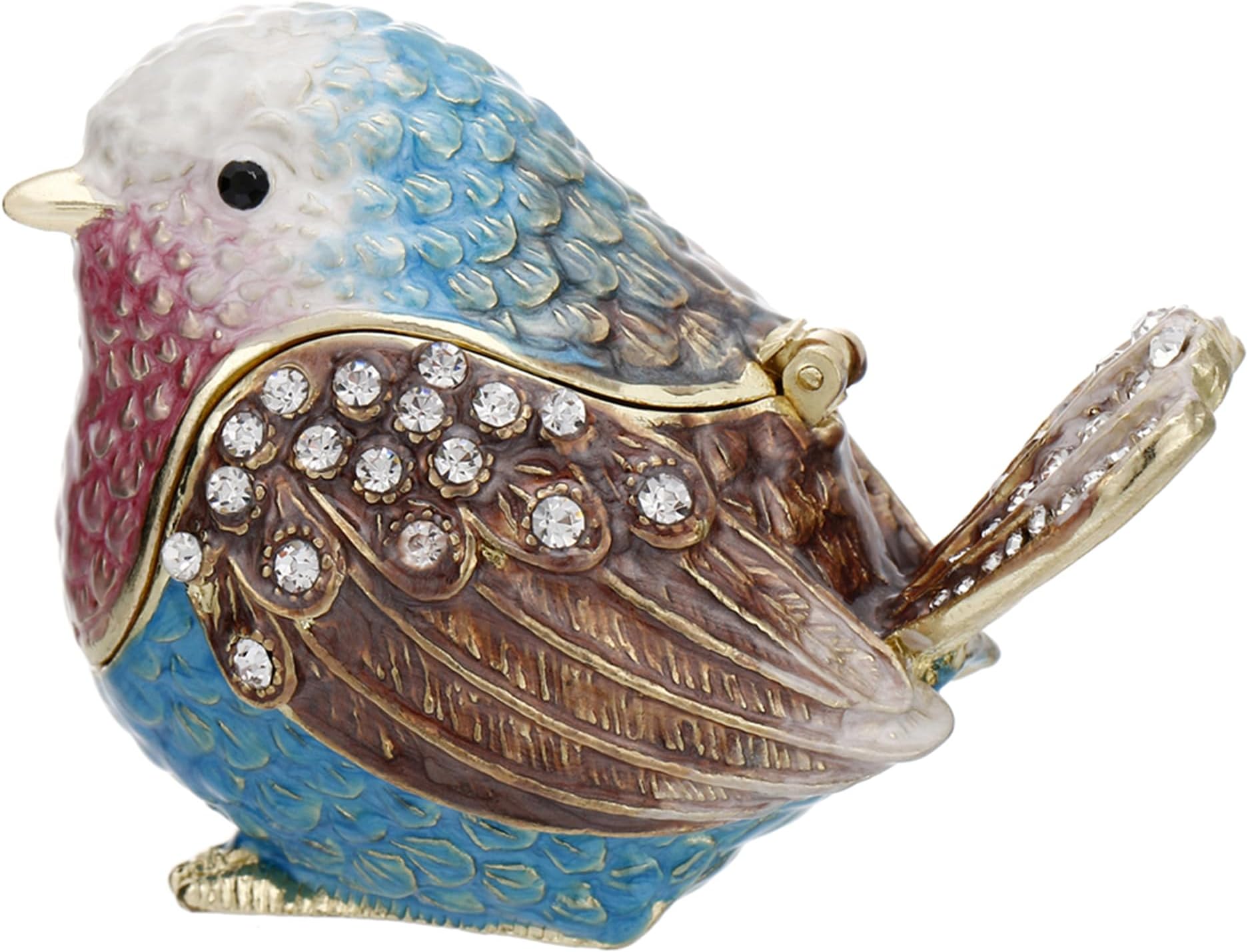 Vie jeune Hand Painted Enamel Sparrow Trinket Box, Hinged Unique Mini Ring Necklace Jewelry Organizer, Classical Bejeweled Storage, Figurine Collectible Keepsake Home Decor (Robin Bird-Blue)