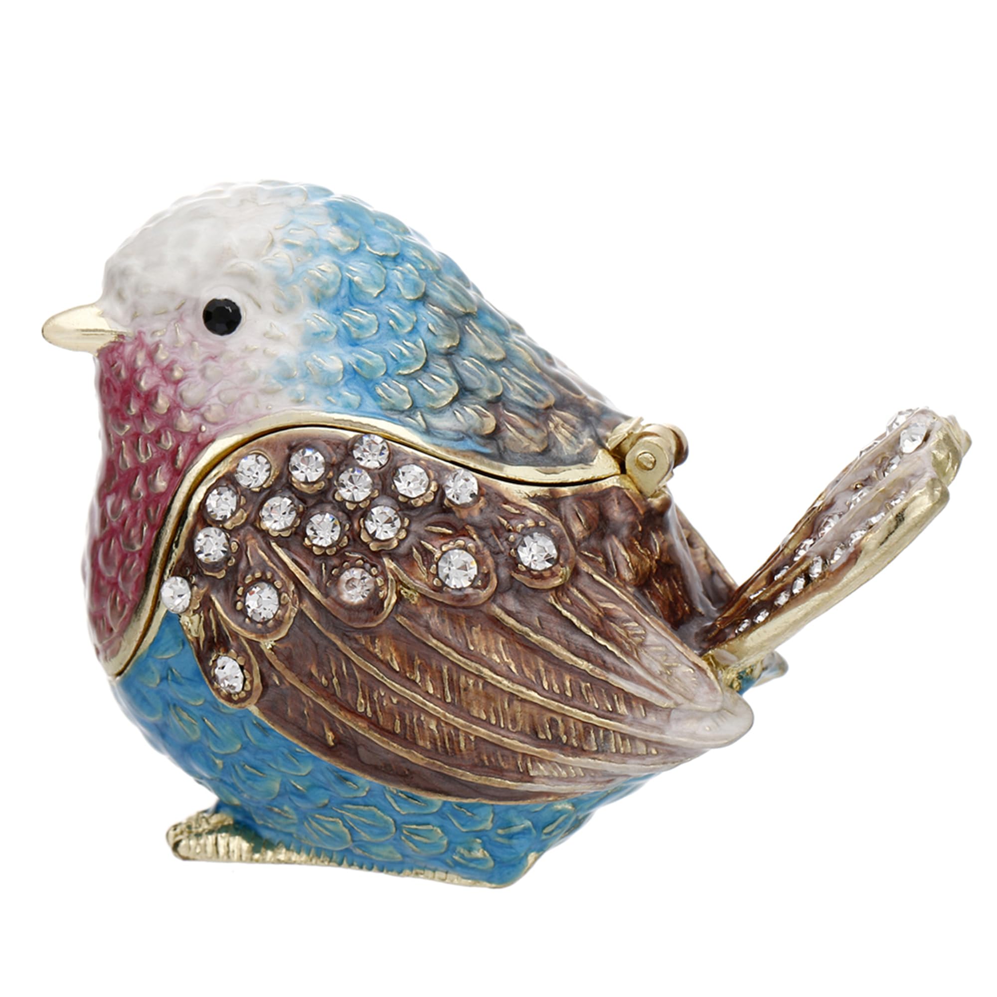 Vie jeune Hand Painted Enamel Sparrow Trinket Box, Hinged Unique Mini Ring Necklace Jewelry Organizer, Classical Bejeweled Storage, Figurine Collectible Keepsake Home Decor (Robin Bird-Blue)