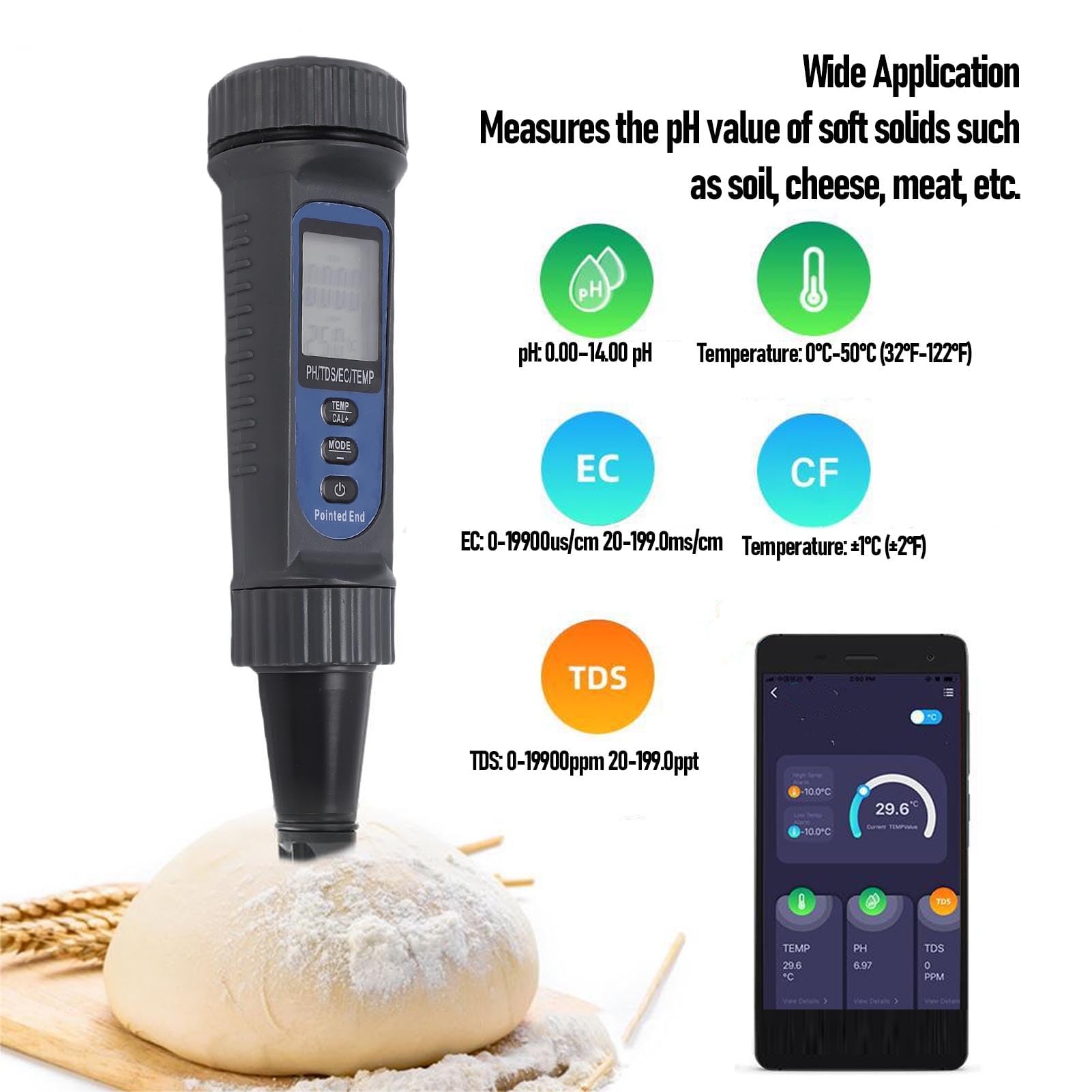 Ejoyous Misuratore PH 4 in 1 con Temperatura TDS EC, Tester PH per Alimenti, Formaggi, Frutta, Verdura, Terra e Carne