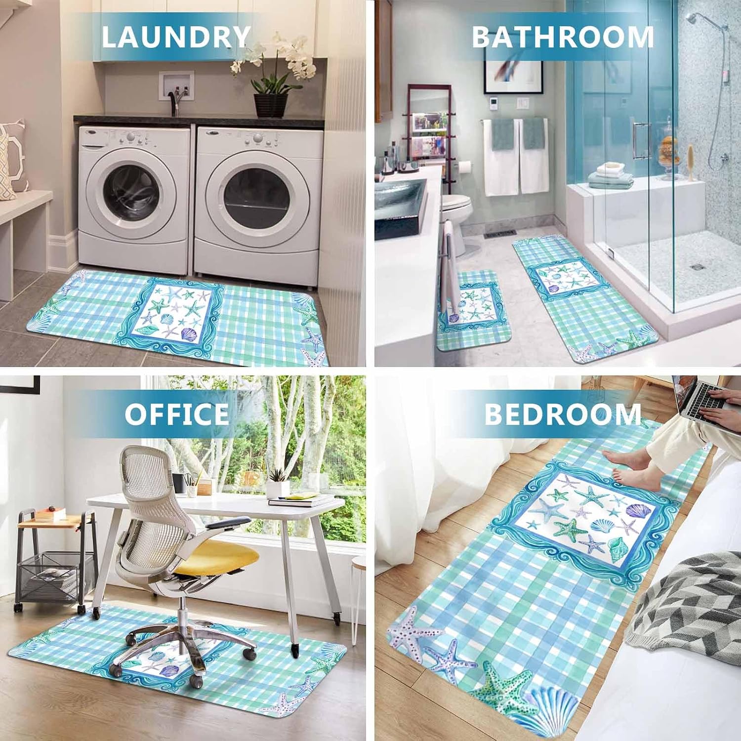 Ocean Marine Life Kitchen Mat Set 2 Pieces Watercolor Starfish Conch Green Blue Border Plaid Non Slip Kitchen Rugs Washable Runner Rug Mats for Floor Sink Laundry Office 23.6" x 35.4"+23.6" x 70.9"