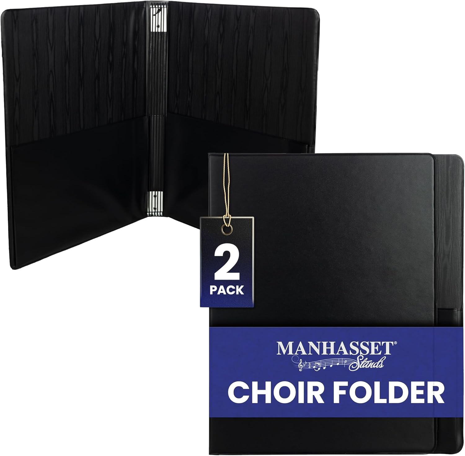 Manhasset Model 1600 Choral Sheet Music Folders (Pack of 2), Black, Elastic Hand Strap & 7 Elastic Stays, Holds 8½″ × 11″ Sheet Music, Professional USA-Made Choir Folder Folio Binder