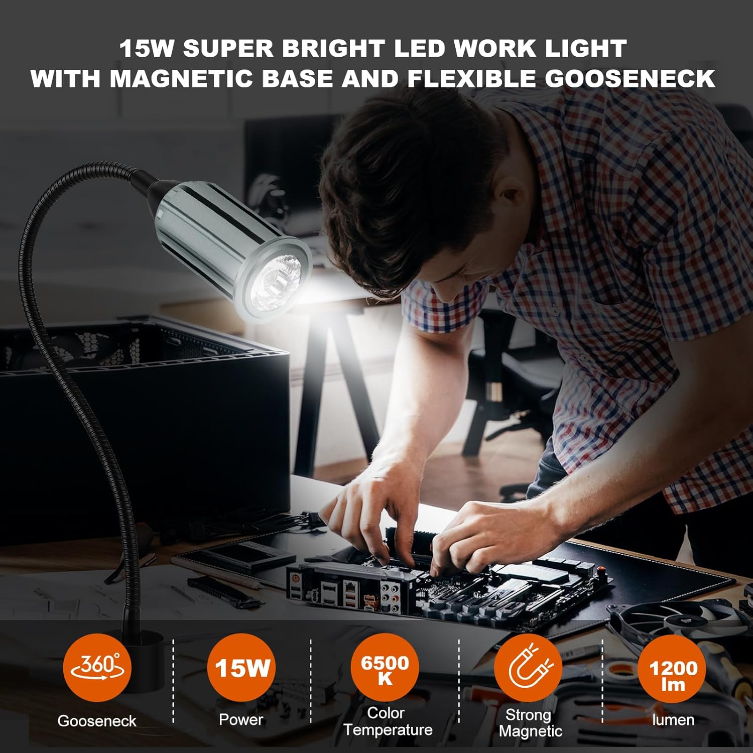15W Magnetic Work Light, LED Machine Light with Flexible Gooseneck and Magnetic Base, Shop Tool Lamp for Lathe, Work Bench, Sewing Machine, Grill, Industrial Lighting