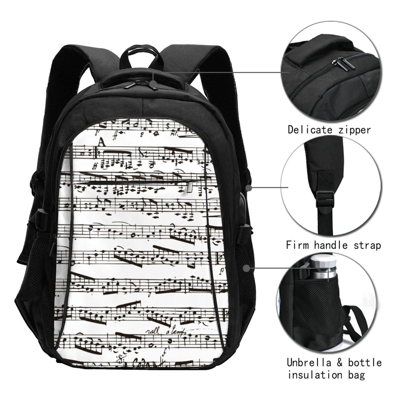 InOmak Schwarze und weiße Musiknoten, Reiserucksack, Freizeitrucksack, Schulrucksack, Laptop-Rucksack für Damen und Herren