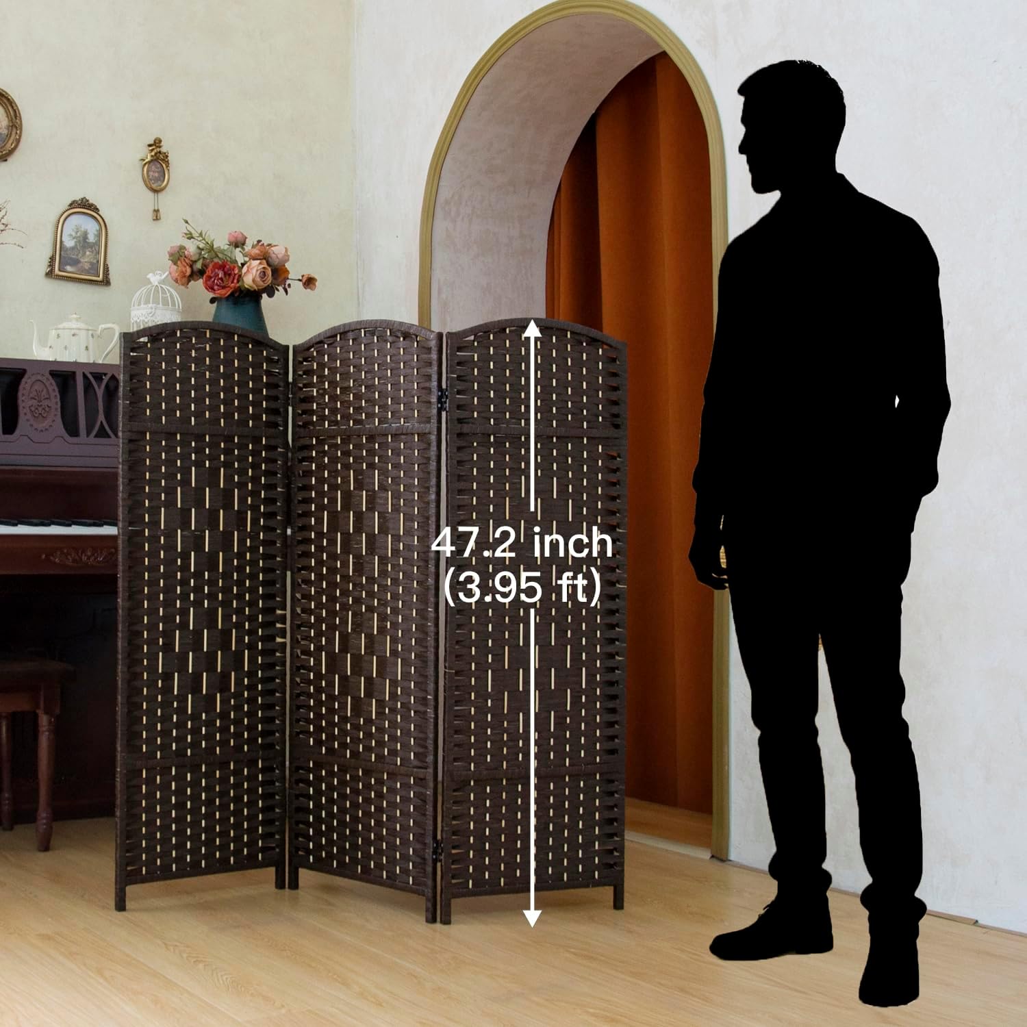 compact 3 panel short room divider, 47.2 inch tall double-sided rattan folding privacy screen for home & office,dark brown dark brown 3 panel