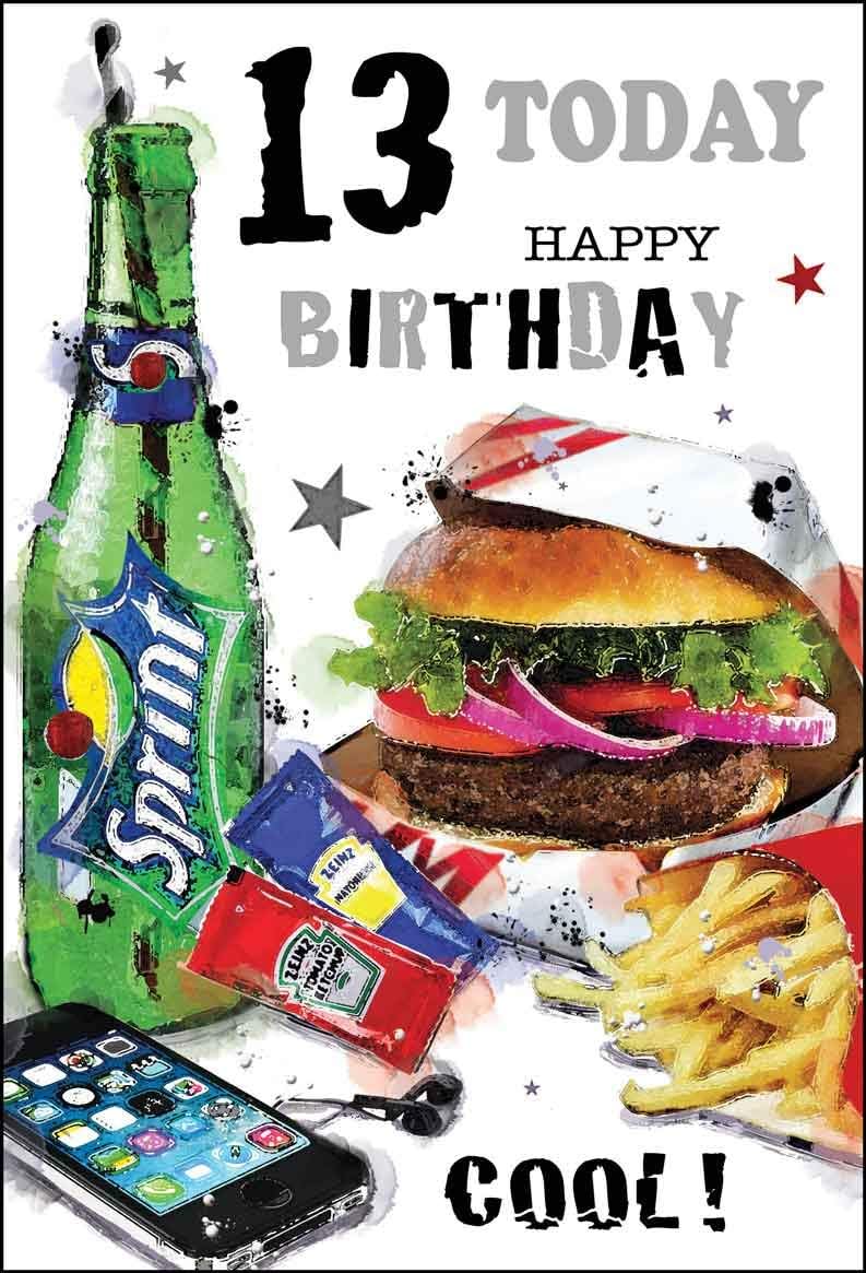Jonny Javelin Boy Age 13 Today Happy Birthday Card - Burger, green, 13.7 cm x 20.3 cm