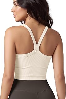 ODODOS Women's Seamless Crop Cami Wide Scoop Neck Ribbed Soft Open Racerback Cropped Tank