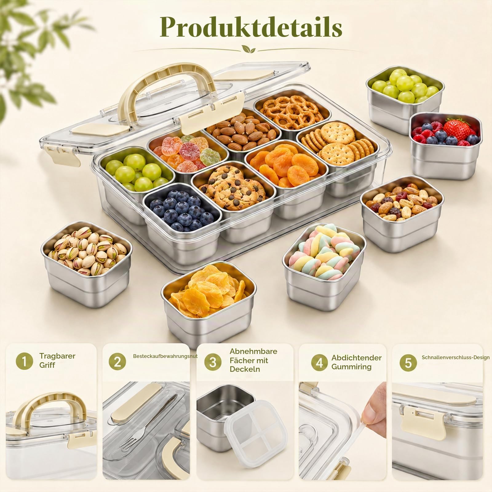 Snackbox mit 8 Edelstahl Fächern, Tragbar snack Aufbewahrungsbox, mit äußerer Deckel Besteckfach und Griff, Der 8 Snackteller hat eigenen Deckel, Auslaufsicherer Snackdose Organizer für Reise und Büro