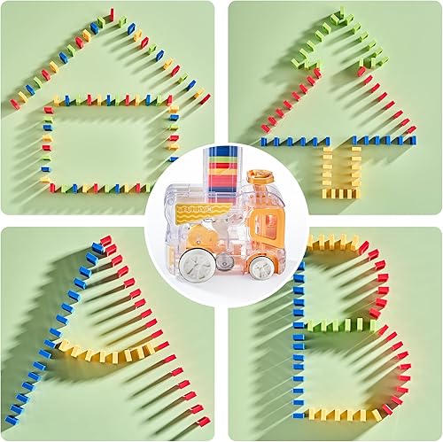 Miniatura 5 de Tren de dominó automático actualizado 2024 con 180 Dominos, juguetes STEM Montessori, regalos para niños (amarillo)
