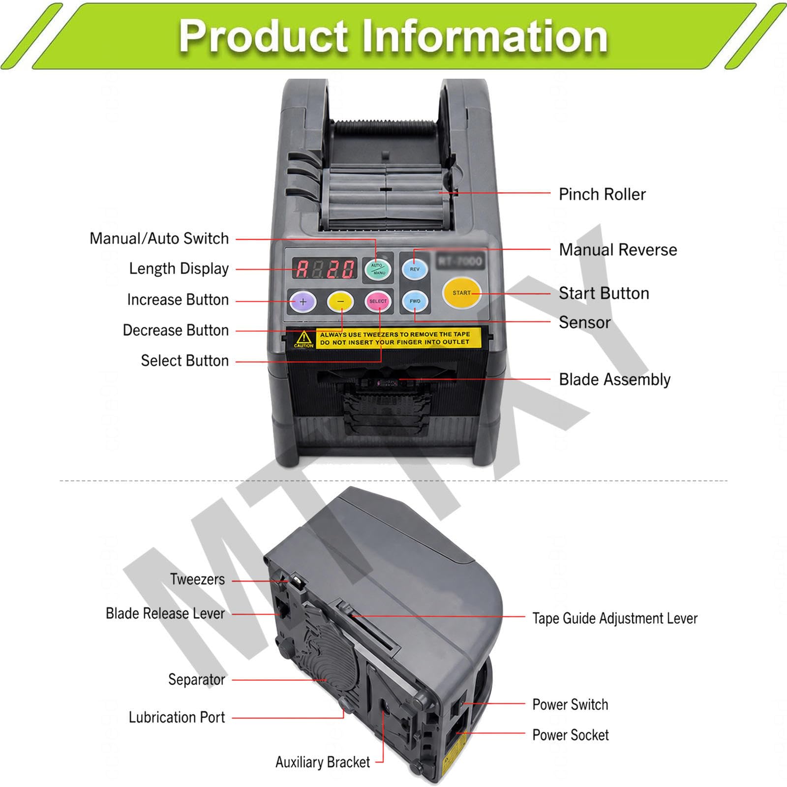 Dispensador Eléctrico de Cinta, 6-60 mm, Auto/Manual | Corte hasta 999 mm con engranaje de silicona antideslizante y pantalla LCD para oficina, almacén y embalaje.