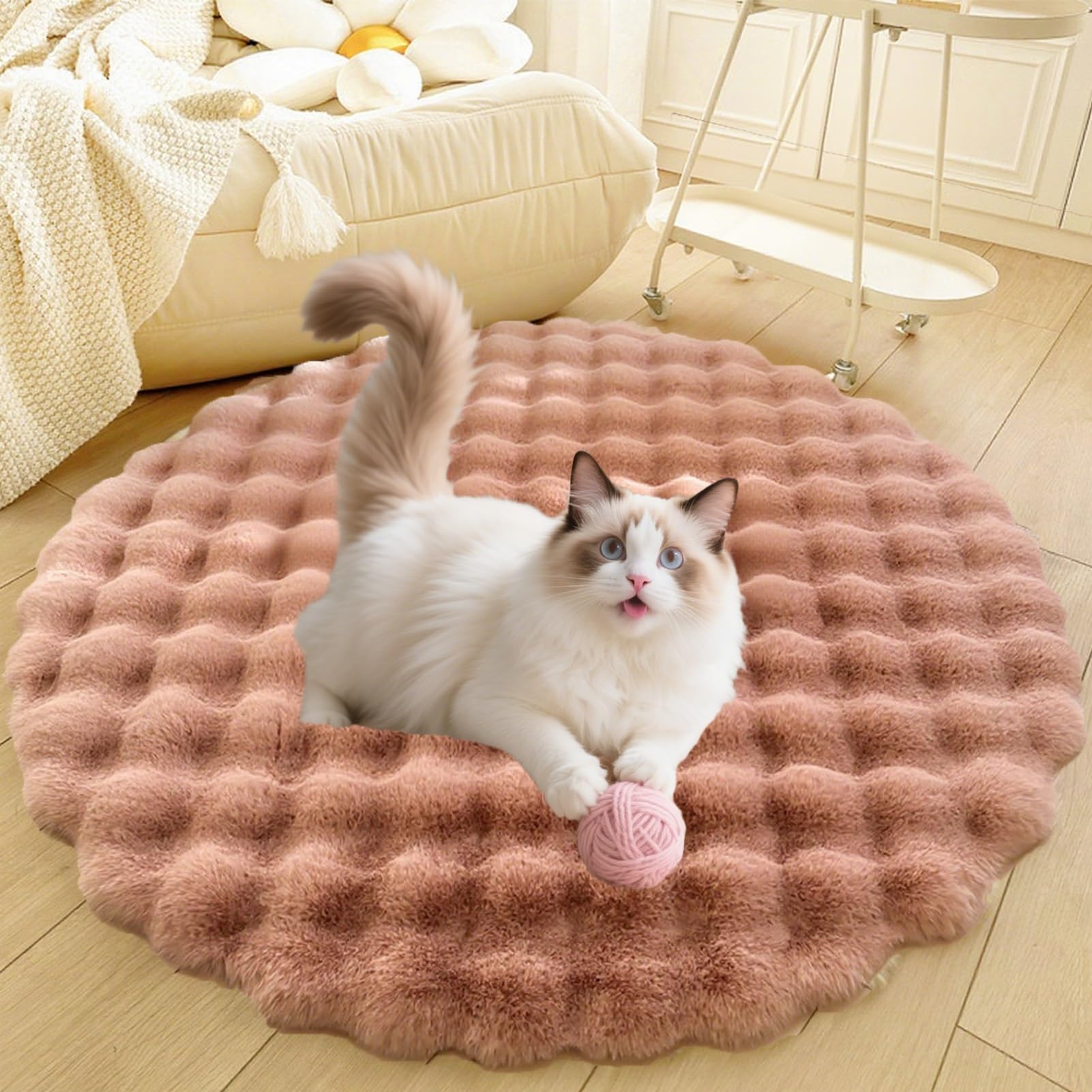 Divano per Cani E Gatti Con Fondo Antiscivolo, Tappeto Rotondo Lavabile, Moderno Letto A Pelo Lungo Da Posizionare Accanto Al Pavimento, Tappetino per Soggiorno(Pink,43in)