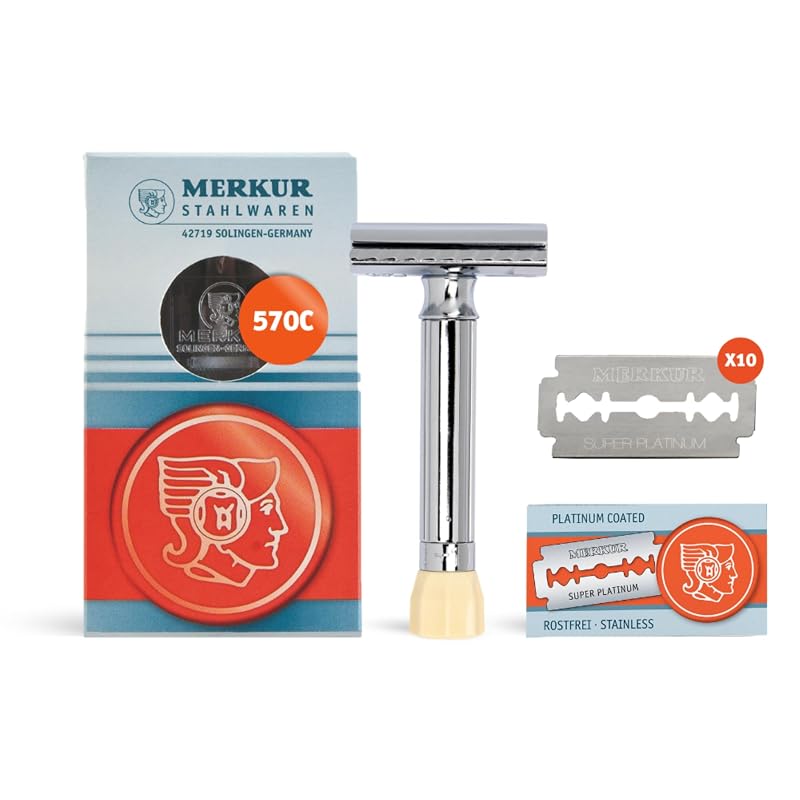 MERKUR 570 Conjunto de Barbear com Aparelho de Segurança Ajustável 500C, Cabo Curto, 10 Lâminas de Dois Fios e Estojo