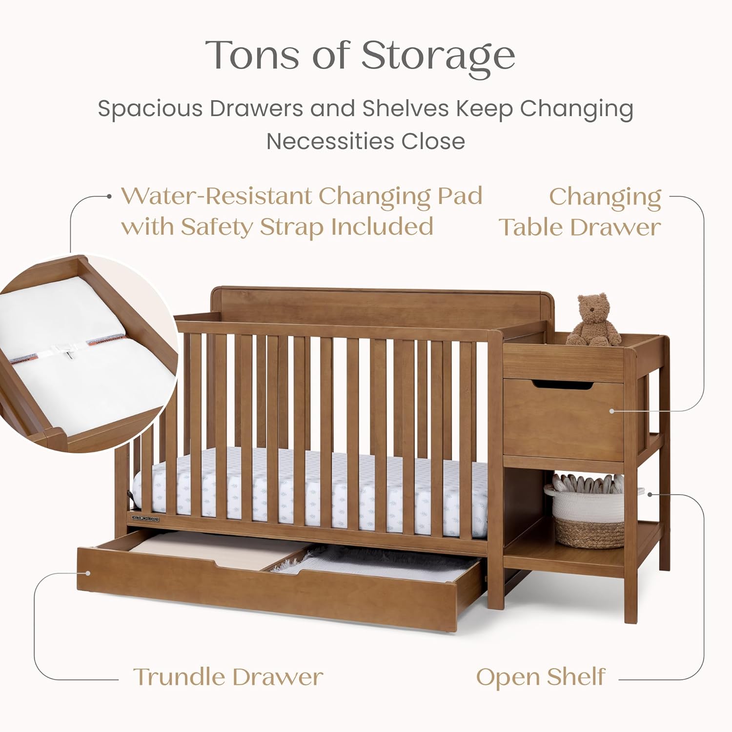 Delta Children Maya 5-in-1 Convertible Crib and Changer with Storage, Converts to Toddler Bed, Daybed, Sofa & Full Bed, Fits Standard Crib Mattress, 3 Mattress Heights for Baby Nursery, Chestnut