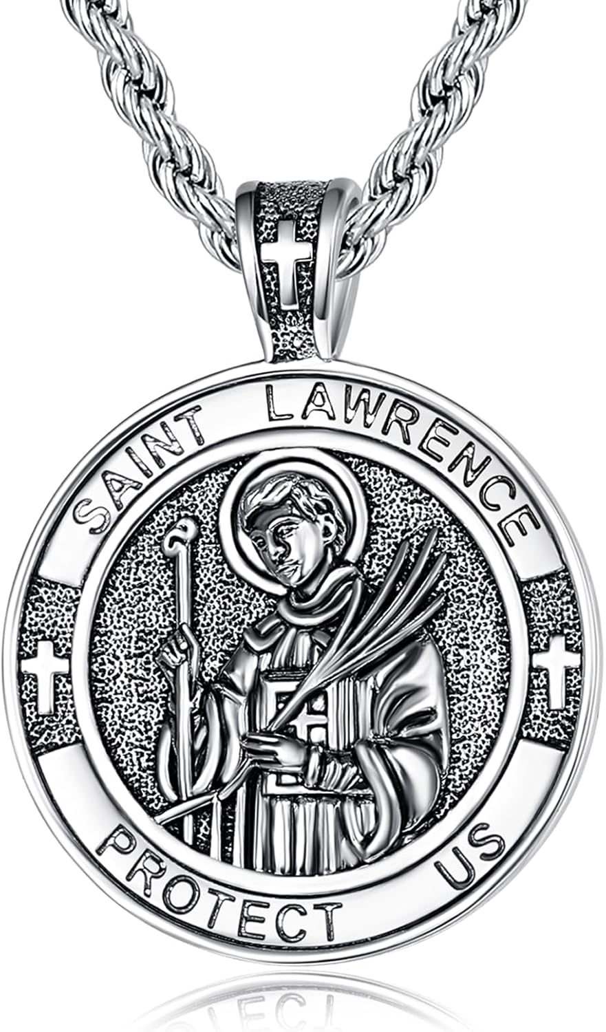 Patron Saint Medals, Silver Protection Jewelry, Catholic Christian Religious Gifts for Men with 22"+2" Rope Chain