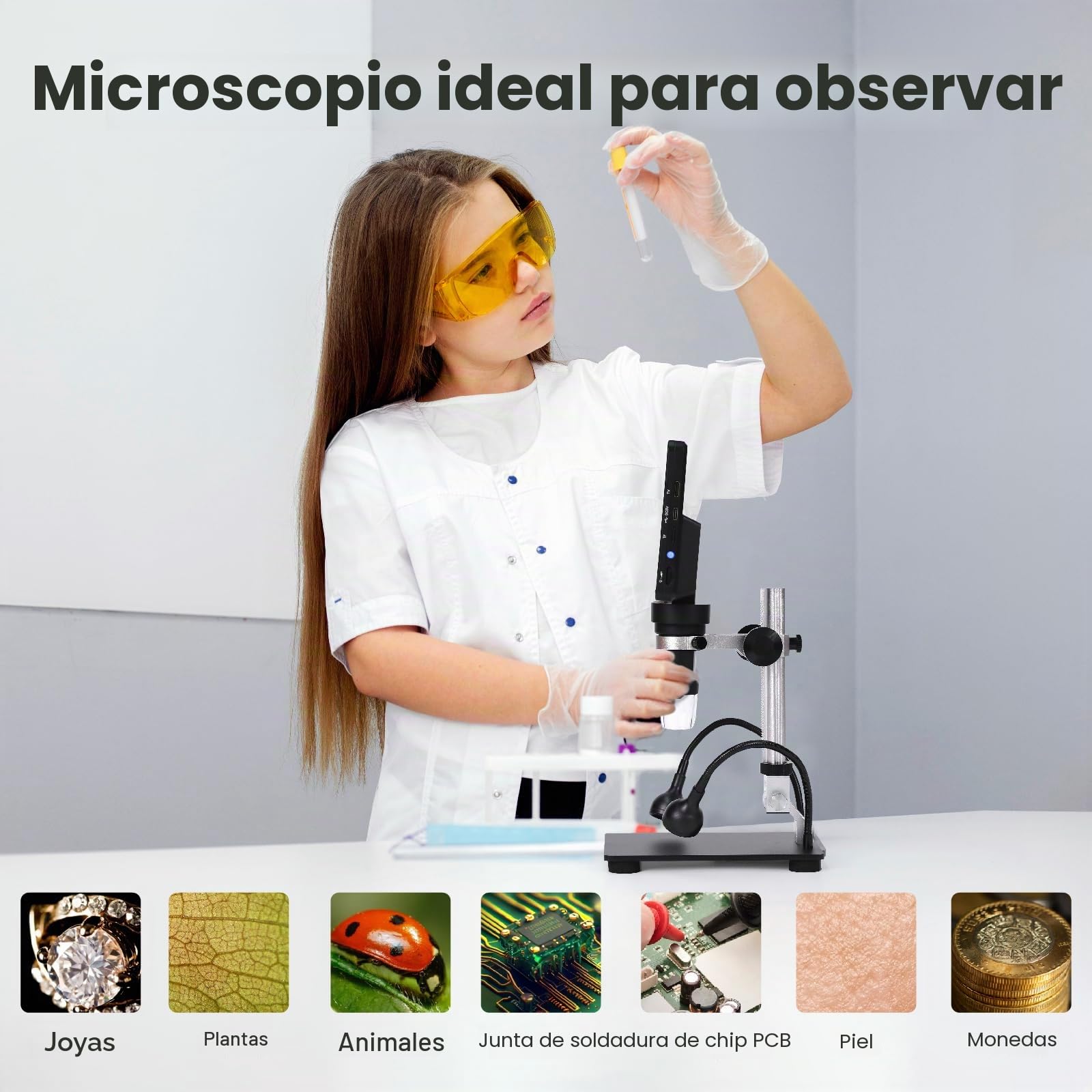 Microscopio Digital MT2 1200X HDMI con Pantalla IPS HD de 7'', Microscopio de Soldadura con Lupa para Monedas 1080P para Niños y Adultos, 10 Luces LED, Compatible con TV/Windows/Mac OS
