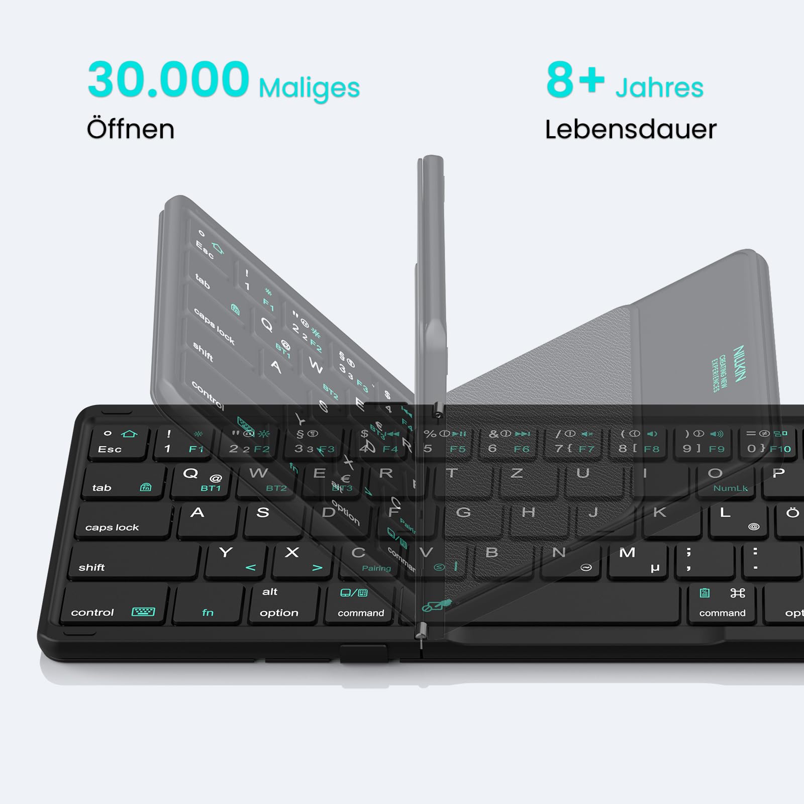 Nillkin Faltbare Bluetooth Tastatur mit Touchpad, Wiederaufladbare QWERTZ-Klapptastatur mit Ziffernblock, Tragbare Mini-Tastatur für iPad, iOS, Android und Windows Laptop & Tablet, Leder-Schwarz