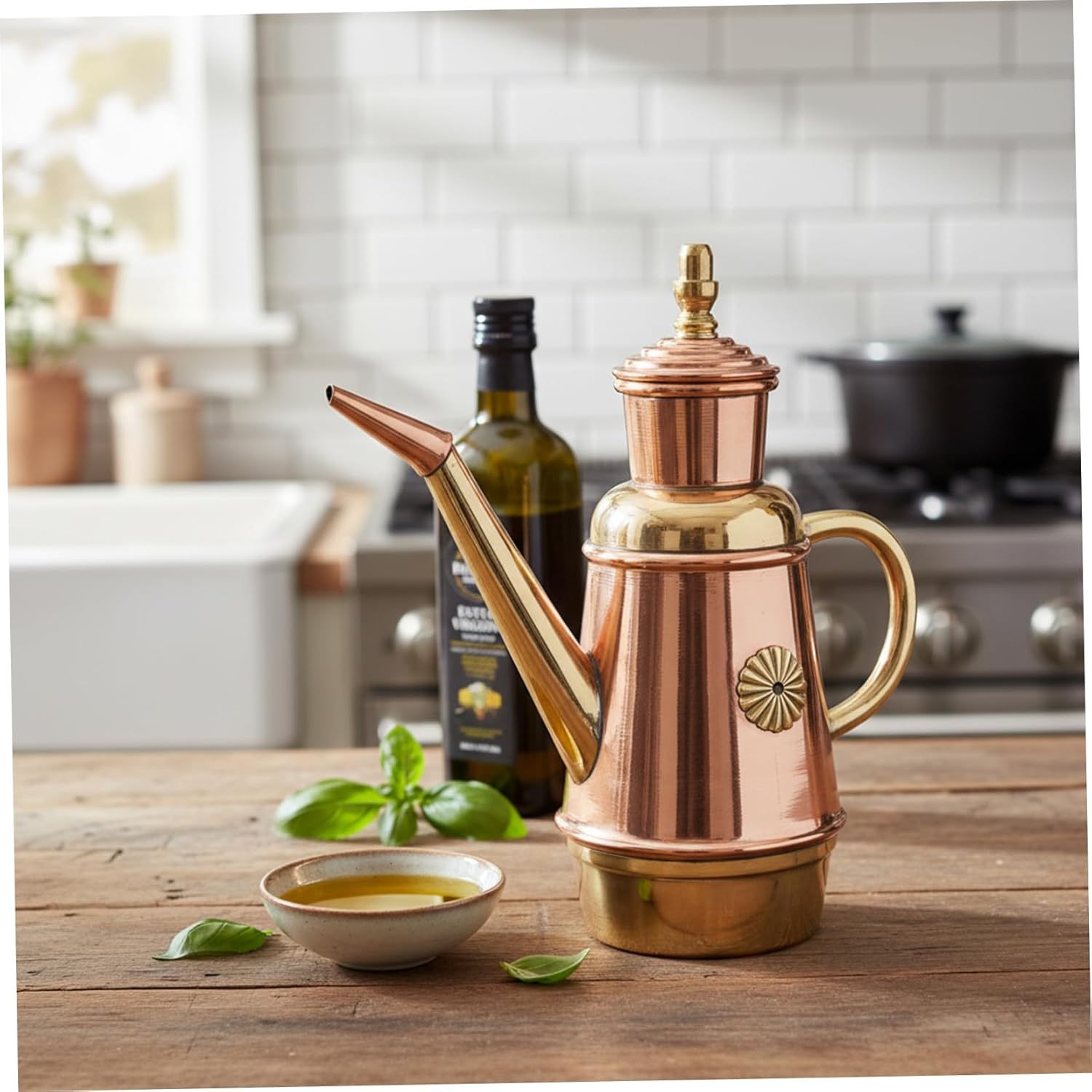 1PC Copper Oil Dispenser, 450ML Vintage Oil Dispenser with Tin Lining & Precision Spout for Kitchen, Italian Style.