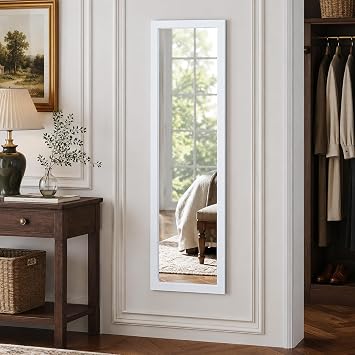 CROWNSHOP Full Length Mirror 110x33cm - Wall Mounted Over The Door Mirror | Mirror with Adjustable Hooks | Large HD Tempered Glass Full Body Mirrors for Bedroom, Wardrobe | Space-Saving (White)