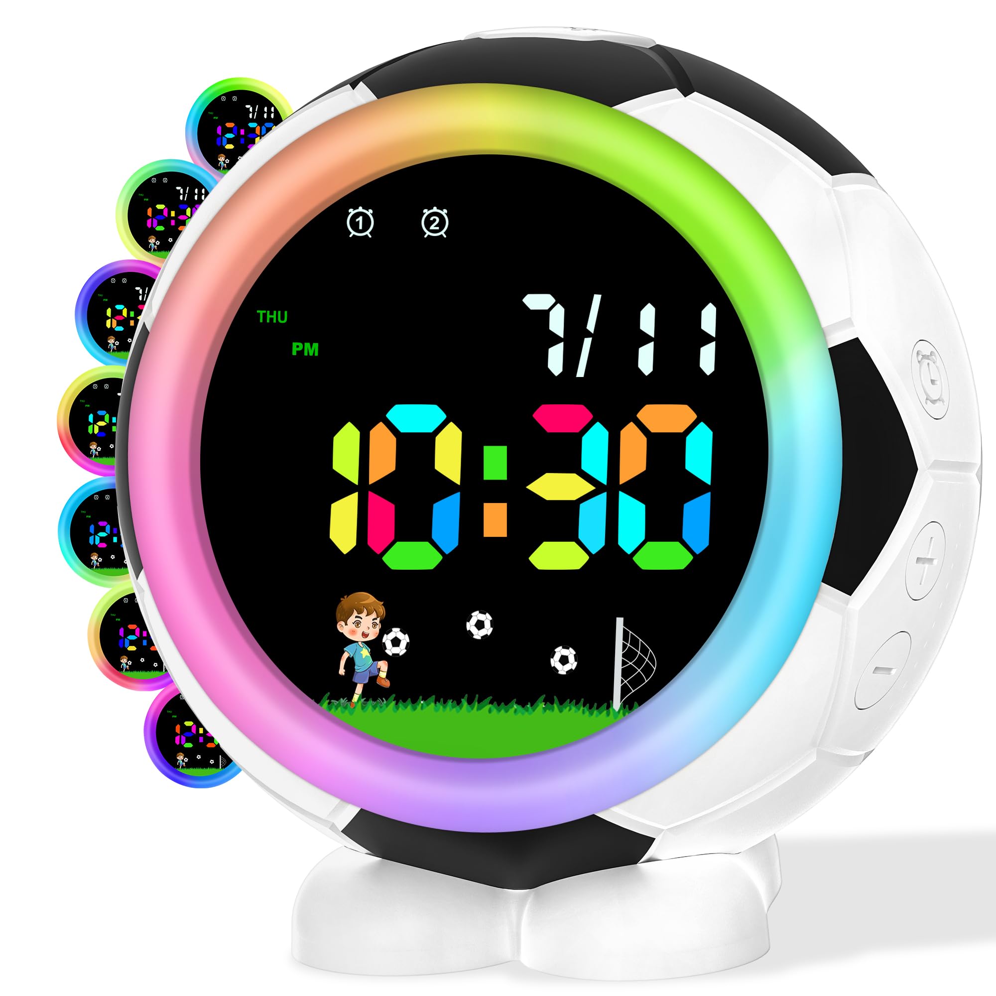 Juboos Kids Alarm Clock for Boys Girls,Children's Digital Alarm Clock with Snooze,8 RGB Night Lights,Double Alarms (black and white)