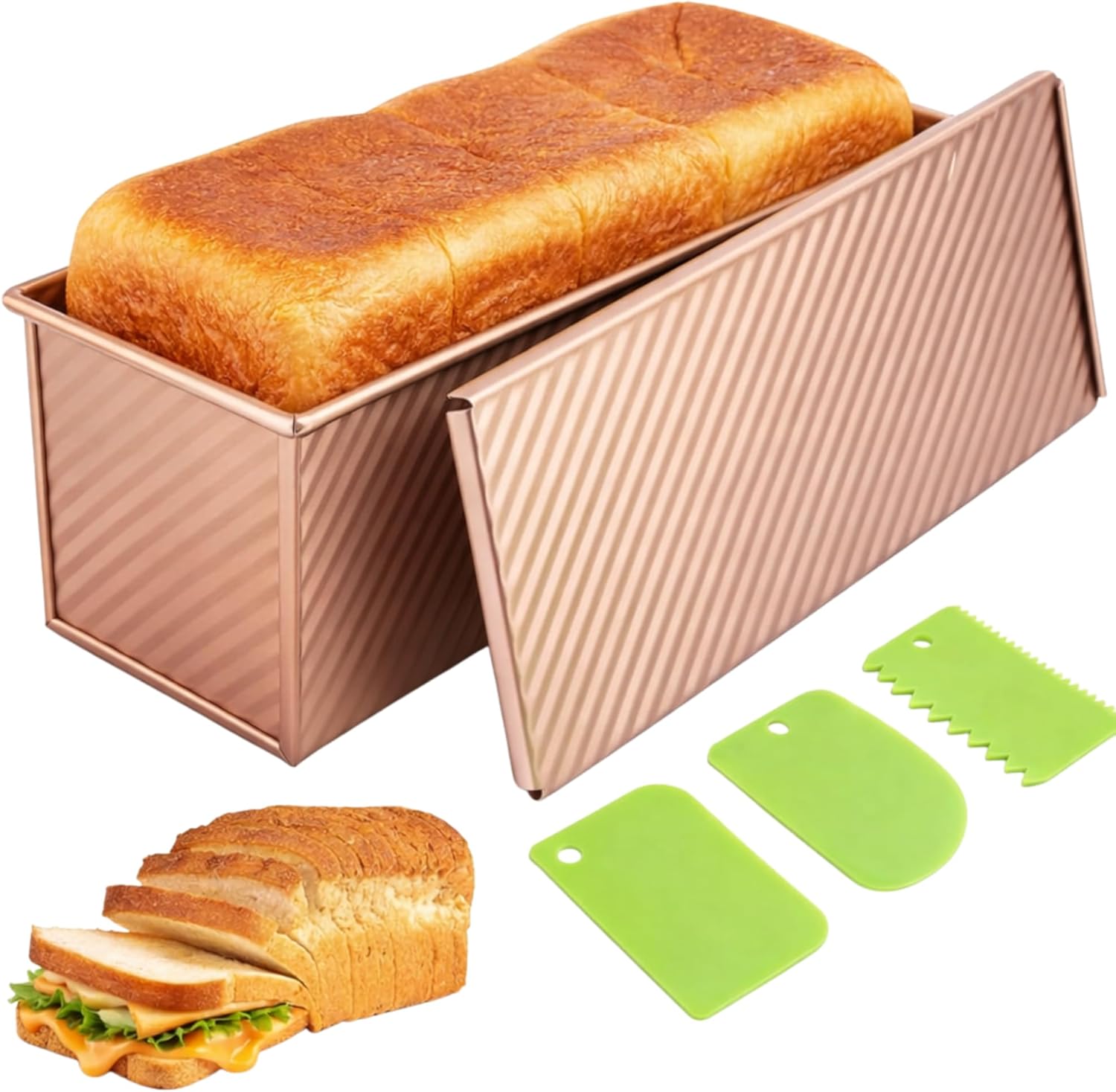 Pullman Loaf Pan with Lid, Non-Stick Bread Pan with 3 Dough Scrapers, Rectangle Pullman Loaf Tin for Sandwich & Sourdough Bread Baking
