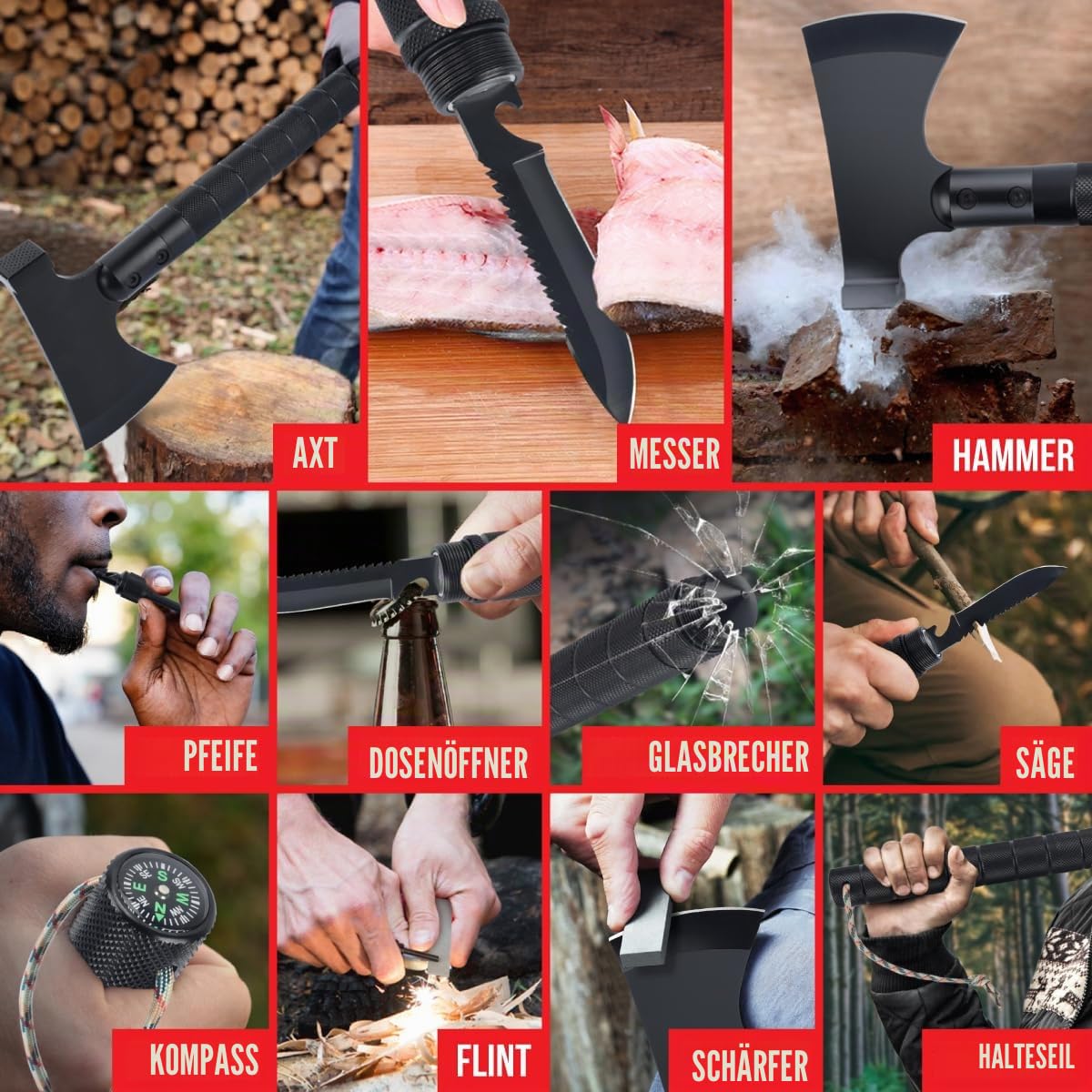 11-in-1 Survival Multitool mit Axt & Hammer – Taktisches Camping-Werkzeug inkl. Messer, Säge, Feuerstarter & Notfallpfeife Outdoor, Wandern & Bushcraft