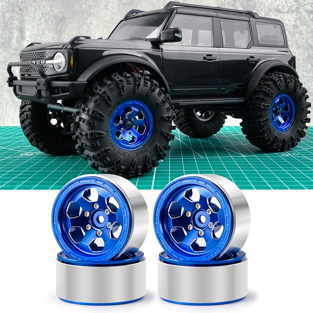 MOHERO 4Pcs 1.3 Aluminium Beadlock Wheel Rims for 1/18 1/24 RC Crawler TRX4M Axial SCX24 Upgrade Parts (Blue)