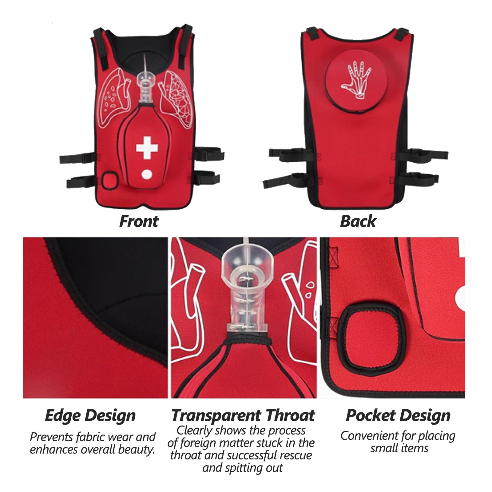 Gilet d'entraînement Heimlich de premiers secours, entraîneur d'occlusion anti-étouffement, modèle d'enseignement étudiant à bandoulière réglable pour démonstration pédagogique,Red