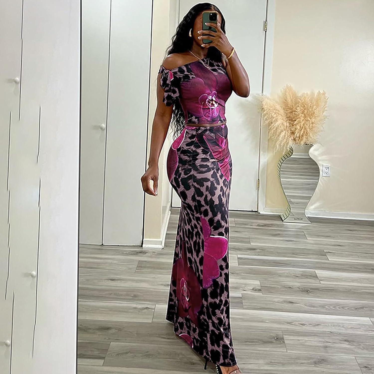 Women's Sexy 2 Piece Maxi Skirt Set Floral Print Sleeveless Off Shoulder Top High Waist Skirt Outfits Party Dresses - Image 5