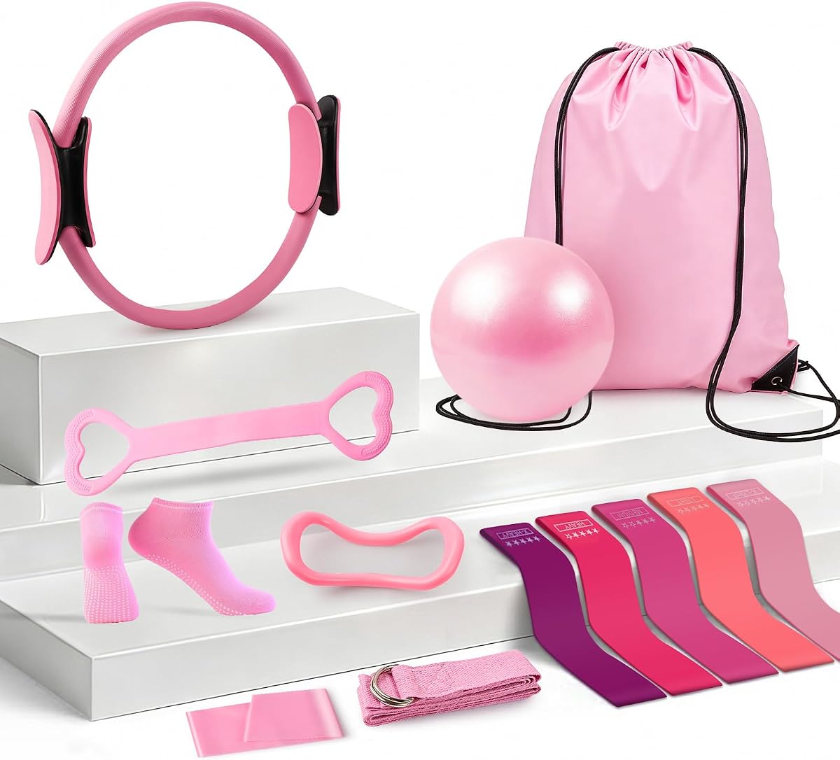 13-Piece Pilates Kit for Women, Pilates Equipment for Home Workouts, Pink | Essentials Kit Includes Pilates Ring and Ball, Non-Slip Socks, Figure-8 Exercise Band, 5-Level Resistance Bands, Storage Bag