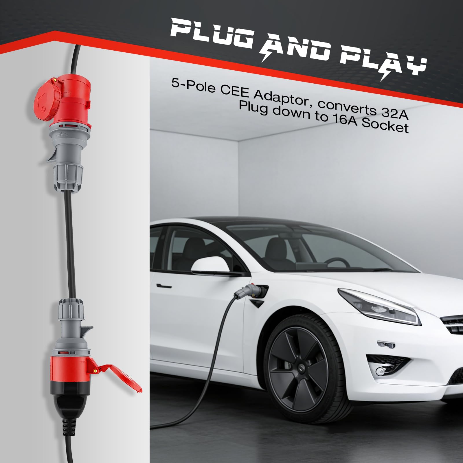 Adaptador CEE 32A a 16A, 5 Polos, IP44 Impermeable con Tapa de Protección de Cierre Automático para Industria, Obras y Coche Eléctrico